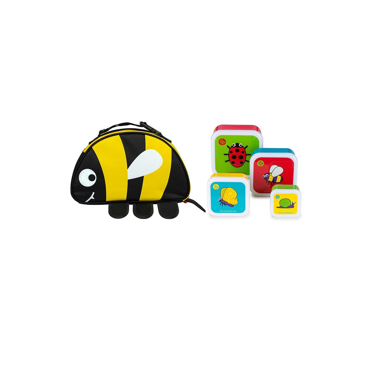 Tum Tum Insulated Lunch Bag, Flip Top Water Bottle And Nesting (Set Of 4) Snack Pots - Bee Bugs