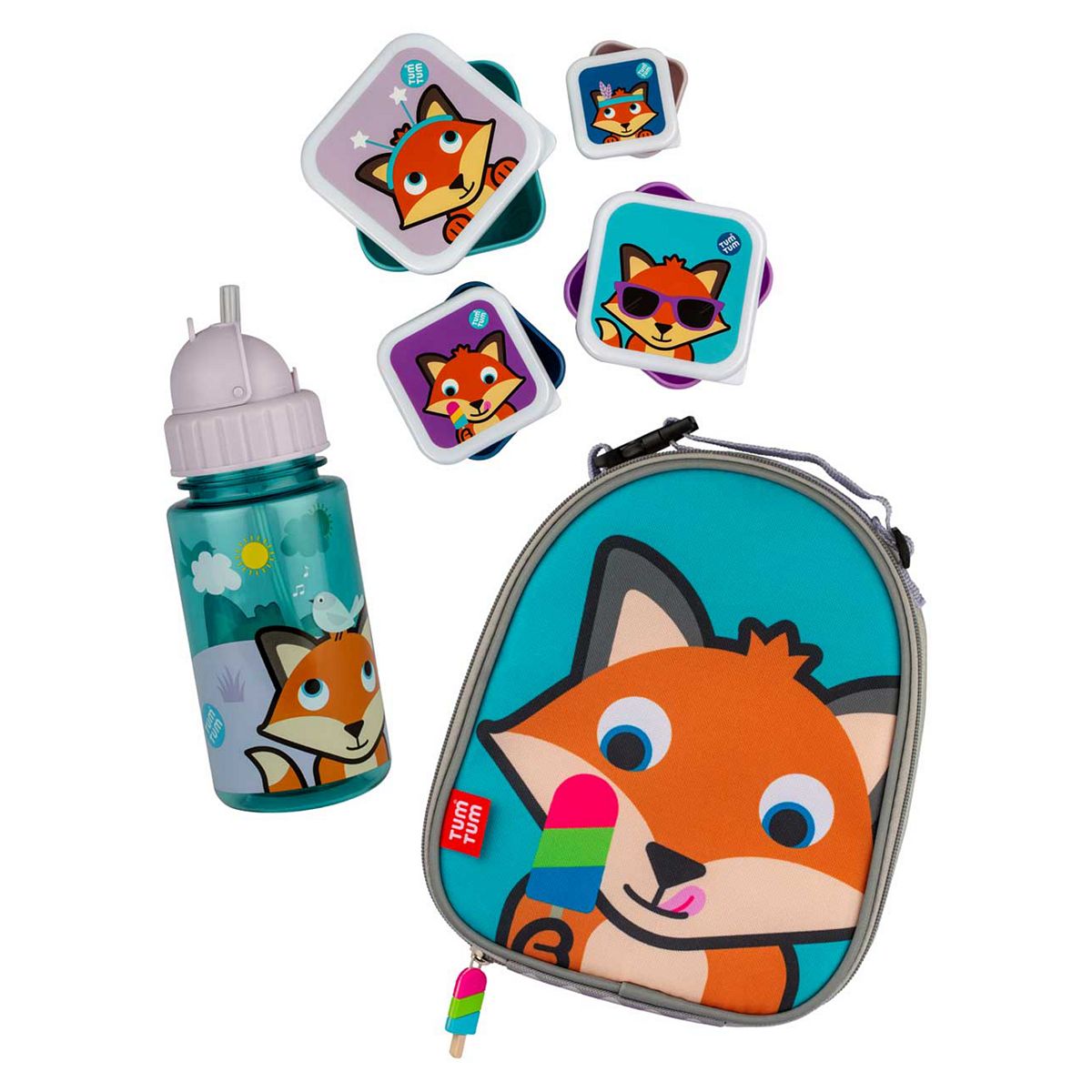 Tum Tum Insulated Lunch Bag, Flip Top Water Bottle And Nesting (Set Of 4) Snack Pots - Felicity Fox