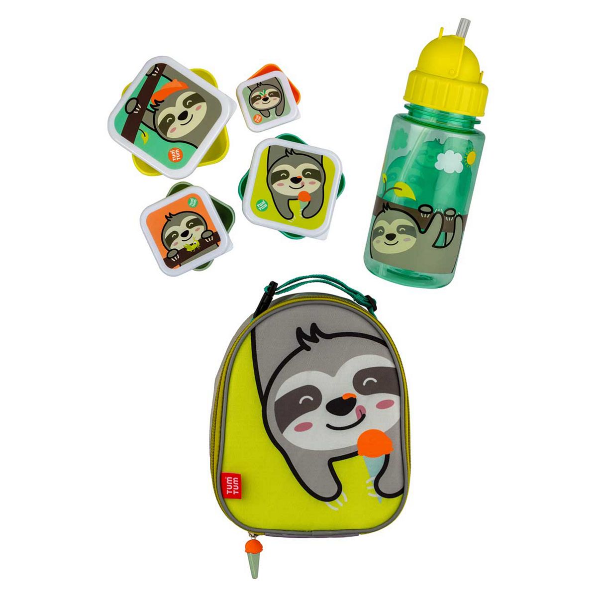 Tum Tum Insulated Lunch Bag, Flip Top Water Bottle And Nesting (Set Of 4) Snack Pots - Stanley Sloth