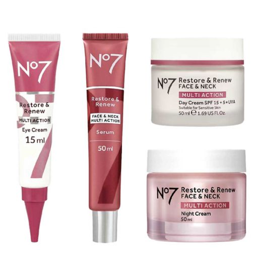 No7 Restore & Renew Face & Neck MULTI ACTION Day Cream SPF15 50ml;No7 Restore & Renew Face & Neck MULTI ACTION Day Cream SPF15 50ml;No7 Restore & Renew Face & Neck MULTI ACTION Night Cream 50ml Enhanced Formula;No7 Restore & Renew Face & Neck MULTI ACTION Night Cream 50ml Enhanced Formula;No7 Restore & Renew Face & Neck MULTI ACTION Serum 50ml;No7 Restore & Renew Face & Neck MULTI ACTION Serum 50ml;No7 Restore & Renew MULTI ACTION Eye Cream 15ml;No7 Restore & Renew MULTI ACTION Eye Cream 15ml;No7 Restore & Renew Skincare Regime
