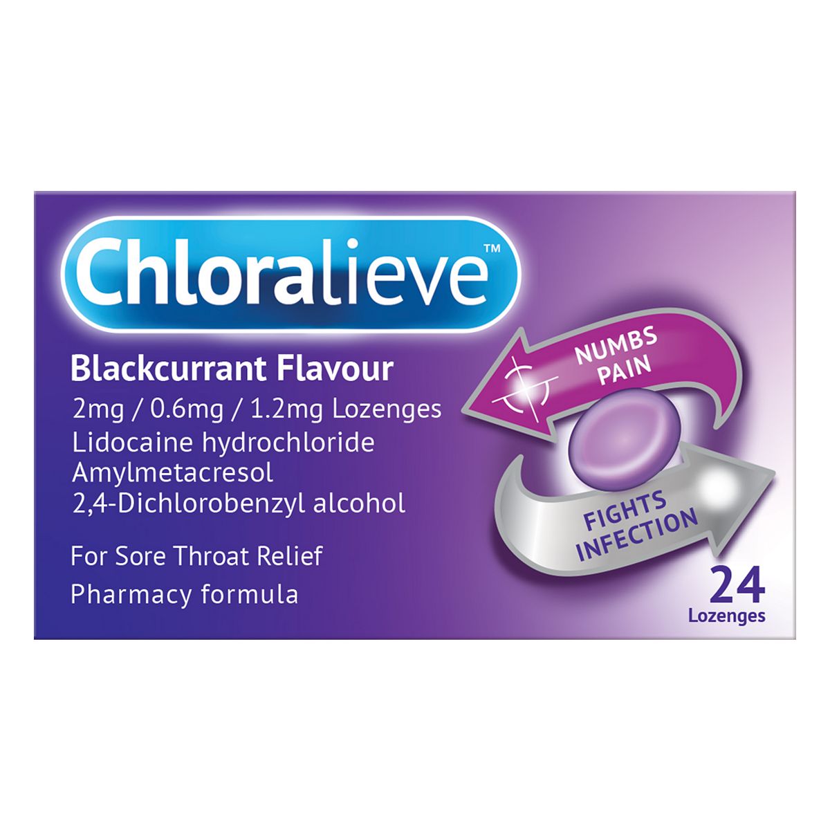 Chloralieve Blackcurrant Flavour 2Mg/0.6Mg/1.2Mg Lozenges - 24
