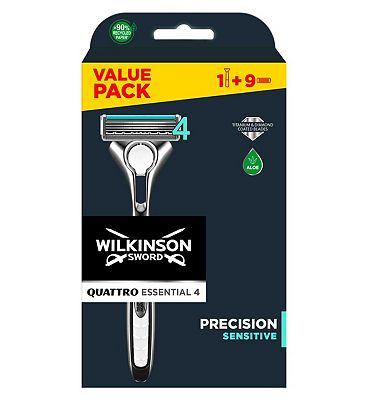 WILKINSON SWORD - Quattro Titanium For Men   Sensitive Comfort   Razor Handle + 9 Blade Refills