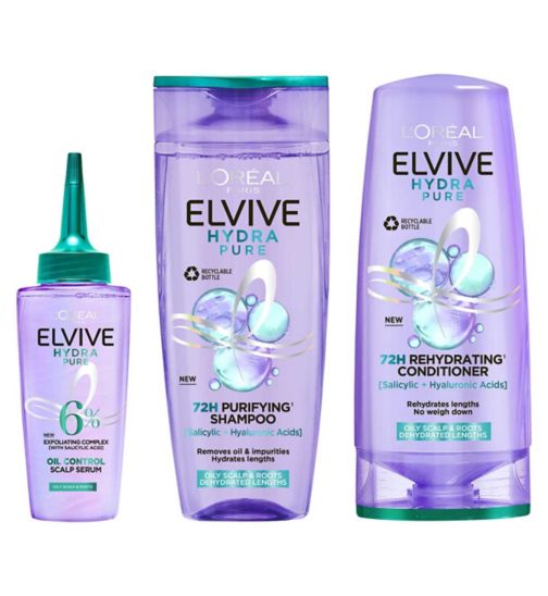 L’Oréal Paris Elvive Hydra Pure 72h Purifying Shampoo for Oily Scalp & Dehydrated Lengths 400ml;L’Oréal Paris Elvive Hydra Pure 72h Purifying Shampoo for Oily Scalp & Dehydrated Lengths 400ml;L’Oréal Paris Elvive Hydra Pure 72h Rehydrating Conditioner for Oily Scalp & Dehydrated Lengths 300ml;L’Oréal Paris Elvive Hydra Pure 72h Rehydrating Conditioner for Oily Scalp & Dehydrated Lengths 300ml;L’Oréal Paris Elvive Hydra Pure Exfoliating Pre-Shampoo Scalp Serum for Oily Scalp & Roots 102ml;L’Oréal Paris Elvive Hydra Pure Exfoliating Pre-Shampoo Scalp Serum for Oily Scalp & Roots 102ml;L’Oréal Paris Elvive Hydra Pure Scalp Serum, Shampoo & Conditioner Set for Oily Roots & Dehydrated Lengths