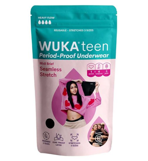 WUKA Teen Stretch Period Pants, Multi Sized, Midi Brief, Heavy Flow (age 12-16)