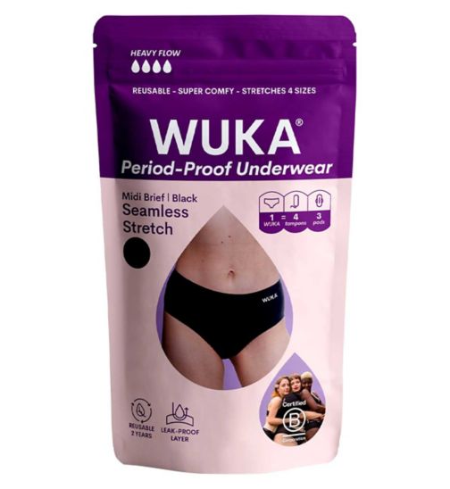 WUKA Stretch Period Pants, Multi Sized Midi Brief, Heavy Flow (size XS - L)