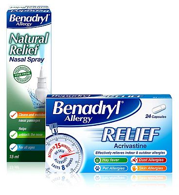 Benadryl Allergy Relief - 24 Capsules & Benadryl Allergy Natural Relief Spray 15ml Bundle