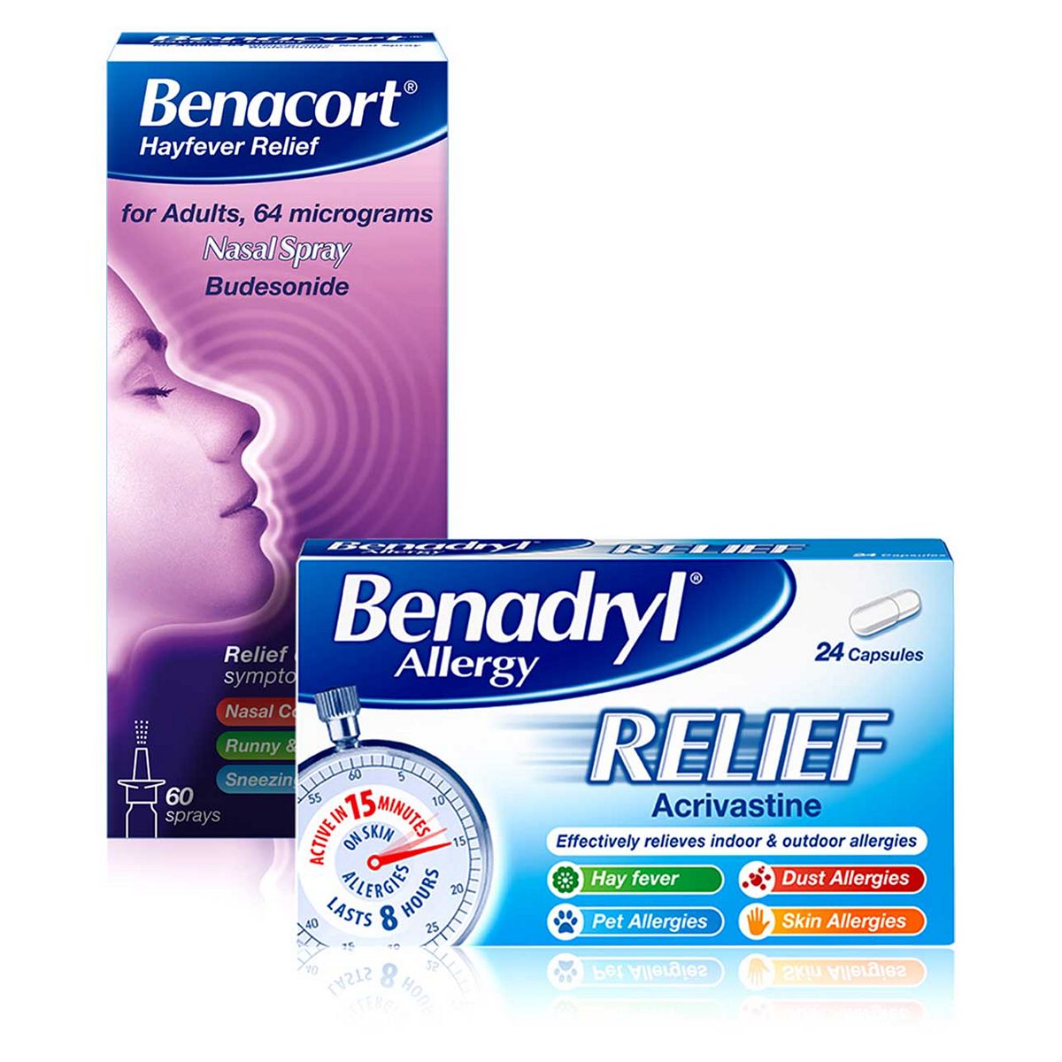 Benadryl Allergy Relief - 24 Capsules & Benacort Hayfever For Adults 64 Micrograms, Nasal Spray Bundle