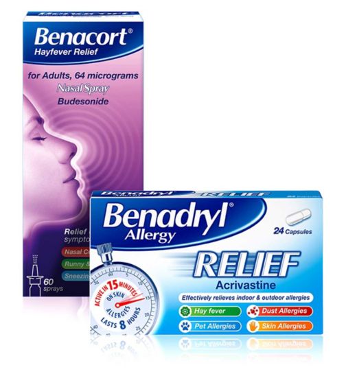 Benacort Hayfever Relief for Adults 64 Micrograms, Nasal Spray;Benacort Hayfever Relief for adults 64 micrograms, nasal spray;Benadryl Allergy Relief - 24 Capsules;Benadryl Allergy Relief - 24 Capsules;Benadryl Allergy Relief - 24 Capsules & Benacort Hayfever Relief for Adults 64 Micrograms, Nasal Spray Bundle
