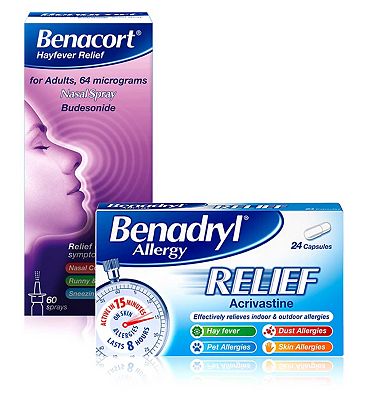 Benadryl Allergy Relief - 24 Capsules & Benacort Hayfever Relief for Adults 64 Micrograms, Nasal Spr
