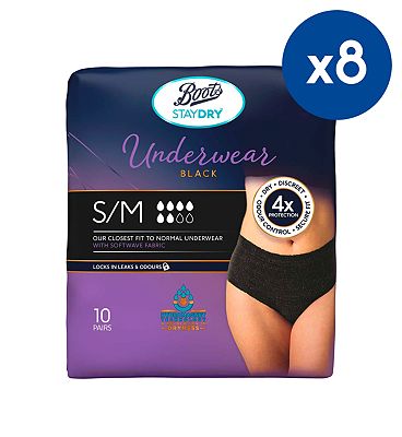 Boots Staydry Underwear Pants Small/Medium Black - 10 x 8 packs Bundle