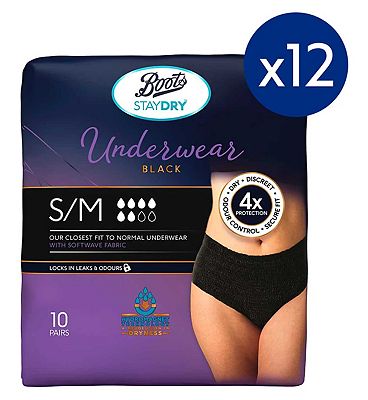 Boots Staydry Underwear Pants Small/Medium Black - 10 x 12 Packs Bundle