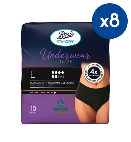 Boots Staydry Underwear Black - Large - 10 pairs;Boots Staydry Underwear Black - Large - 10 pairs;Boots Staydry Underwear Pants Large Black - 10 x 8 Packs Bundle