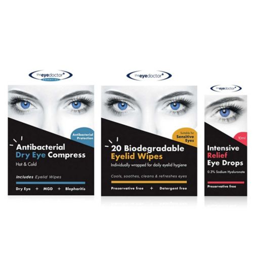 The Eye Doctor Daily 3-Step Eyecare Regime For Dry Eye Relief;The Eye Doctor Essential Antibacterial Dry Eye Compress;The Eye Doctor Essential Dry Eye Compress;The Eye Doctor Eyelid Wipes 20s;The Eye Doctor Intense Eye Drops 10ml;The Eye Doctor Intensive Relief Eye Drops 10ml;The Eyelid Wipe - 20 Individual Lid Wipes