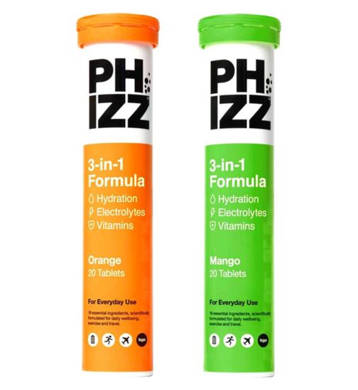 Phizz Mango 3-in-1 Hydration, Electrolytes and Vitamins Effervescent Tablets - 20 Tablets;Phizz Orange & Mango 40 Tablet Bundle;Phizz Orange 3-in-1 Hydration, Electrolytes and Vitamins Effervescent Tablets - 20 Tablets;ROI Phizz Eff tabs mixed mango 20s;ROI Phizz hydration and multivit eff 20s