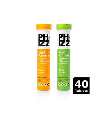 Phizz Orange & Mango 3-in-1 Hydration, Electrolytes and Vitamins Effervescent Bundle (40 Tablets)