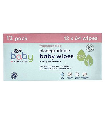 Boots Baby biodegradable fragrance free wipes 64s 12s