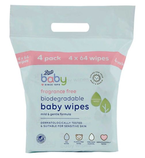 Boots Baby biodegradable fragrance free wipes 64s 4s