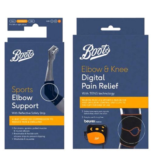 Boots Elbow Pain Relief Bundle (L);Boots Sports Elbow Support with Reflective Safety Strip - Large;Boots Sports Elbow Support with Reflective Safety Strip - Large;Boots TENS Elbow & Knee Pain Relief;Boots TENS Elbow & Knee Pain Relief