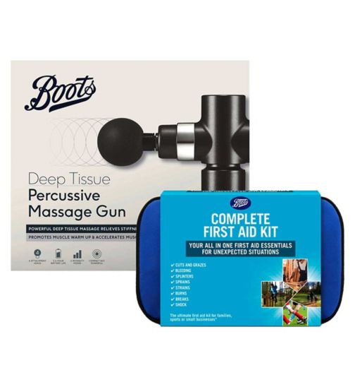Boots Complete First Aid Kit;Boots Complete First Aid Kit;Boots Deep Tissue Percussive Massage Gun;Boots Deep Tissue Percussive Massage Gun;Boots Exercise Pain Relief Bundle