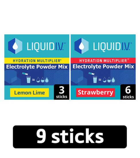 Liquid I.V.®Hydration Multiplier Electrolyte Powder Mix Lemon Lime + Strawberry Bundle, 9 sachets