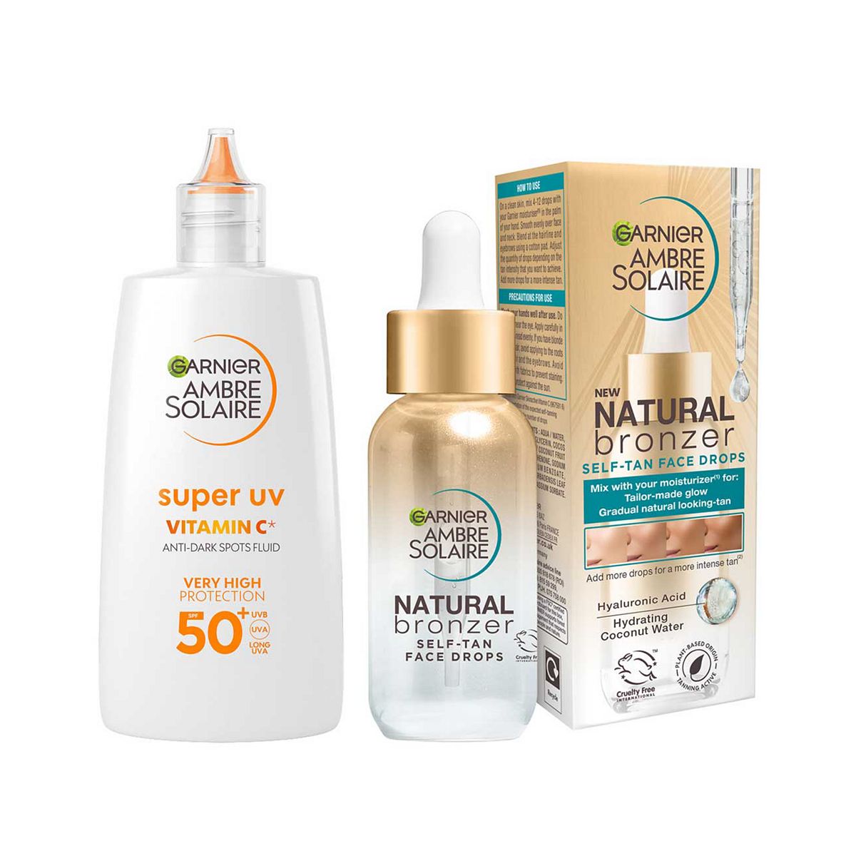 Garnier Glow & Protect Duo: Natural Bronzer Self-Tan Drops (30Ml) Ambre Solaire Vitamin C Facial Spf50+ Fluid (40Ml) Bundle