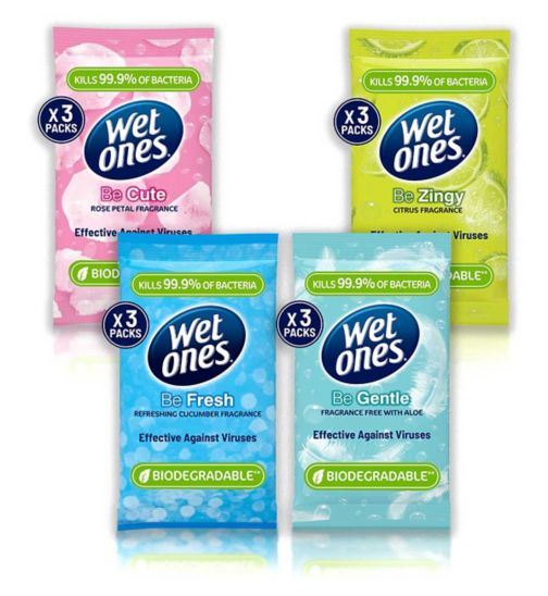 Wet Ones 'Be Gentle' Biodegradable Antibacterial Hand Wipes, 12 Pack;Wet Ones 'Be Gentle' Biodegradable Antibacterial Wipes, 12 Pack;Wet Ones Be Cute Biodegradable Antibacterial Hand Wipes, 12 Pack;Wet Ones Be Cute antib Wipes 12s;Wet Ones Be Fresh Biodegradable Antibacterial Hand Wipes, 12 Pack;Wet Ones Be Fresh bio antib Wipes 12s;Wet Ones Be Zingy Biodegradable Antibacterial Hand Wipes, 12 Pack;Wet Ones Be Zingy bio antib Wipes 12s;Wet Ones Multipack 12 Piece Mixed Bundle