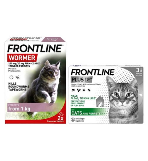 Frontline Plus Spot-On Cat - 3 x 0.5ml Pipettes;Frontline Plus Spot-On Cat - 3 x 0.5ml Pipettes;Frontline Wormer 230mg / 20mg Film Coated Tablets for Cats - 2 Flavoured Tablets;Frontline Wormer 230mg / 20mg Film Coated Tablets for Cats - 2 Flavoured Tablets;Frontline Wormer Tablets and Frontline Plus Spot-On-Cat Pipettes