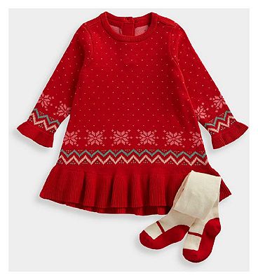 Mothercare Red Fair Isle Knitted Dress and Tights Set 1 - 3 Months