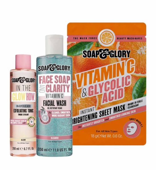 S&G Face Soap & Clarity Wash 350ml;S&G vitamin C & glycolic acid sht msk;Soap & Glory 'In The Glow How' 5% Glycolic Acid Exfoliating Tonic 200ml;Soap & Glory Face Soap & Clarity Facial Wash with Vitamin C 350ml;Soap & Glory Vitamin C & Glycolic Acid Instant Brightening Sheet Mask;Soap & Glory Vitamin C Bundle;Soap and Glory 'In The Glow How' 5% Glycolic Acid Exfoliating Tonic 200ml