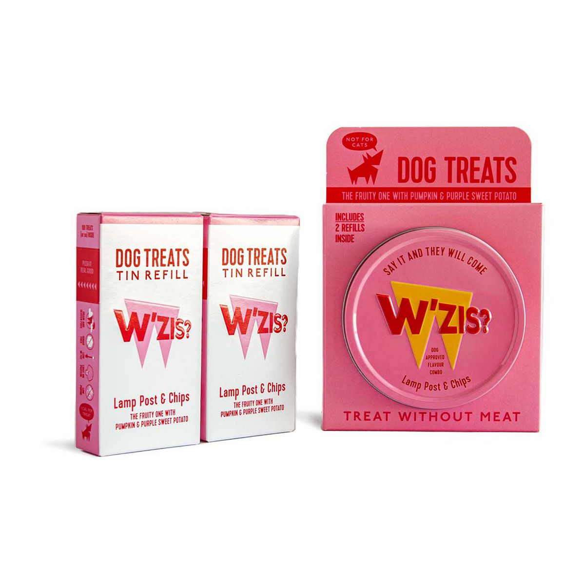 W'zis Plant Based Dog Treat Tin & Refill Gift Pack - Lampost Chips Fruity Flavour 150G