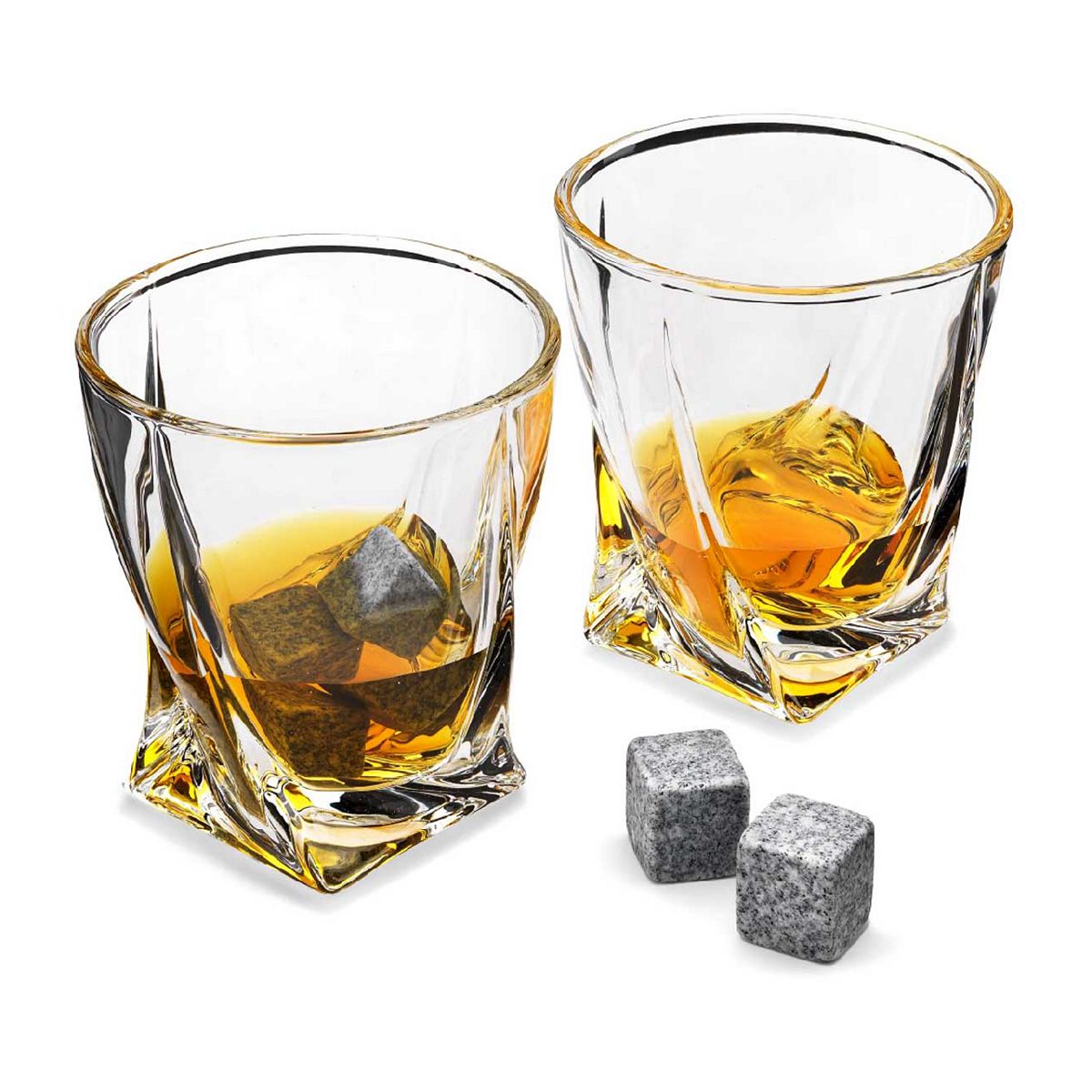 Ingenious Set Of Two Twisted Glasses With Ice Stones