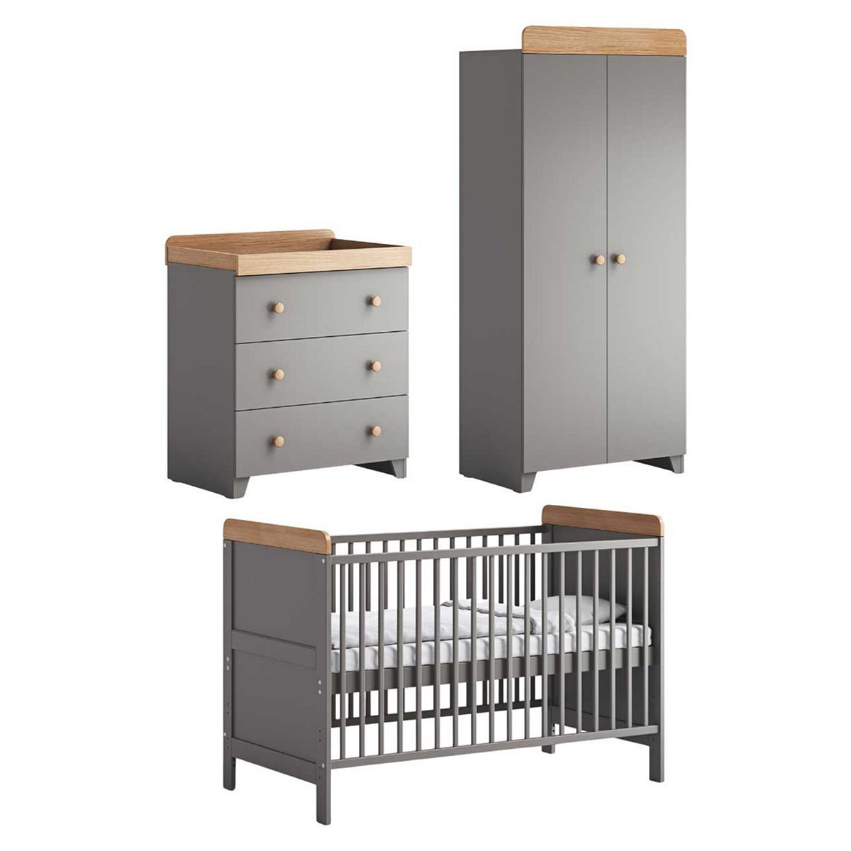 Little Acorns Classic 3 Piece - Cot Bed, Dresser, Double Wardrobe Grey & Oak