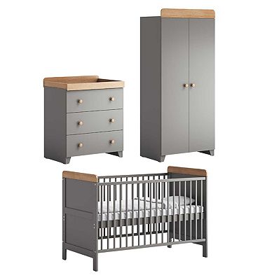 Little Acorns Classic 3 Piece - Cot Bed, Dresser, Double Wardrobe - Grey & Oak