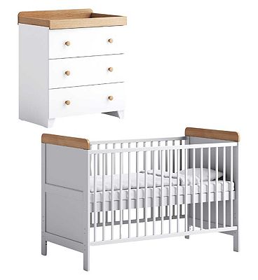 Little Acorns Classic 2 Piece - Cot Bed & Dresser - White & Oak