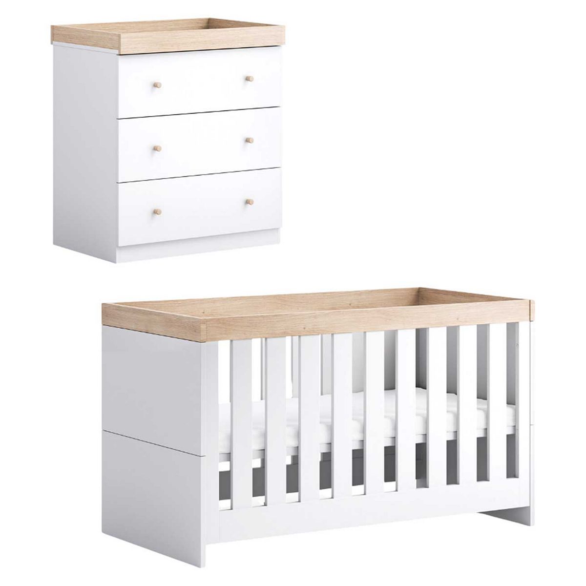 Little Acorns Burlington 2 Piece - Cot Bed & Dresser White Oak