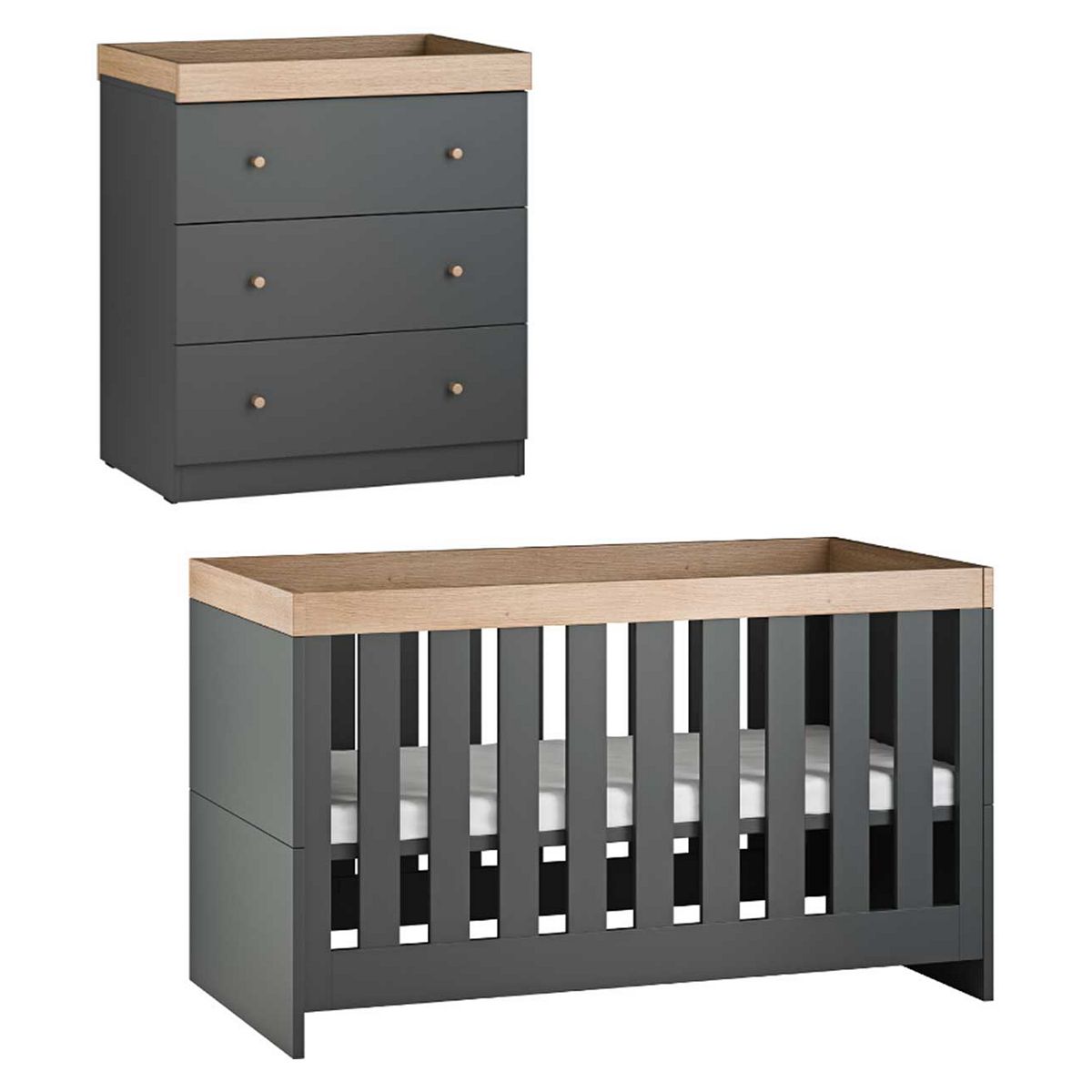 Little Acorns Burlington 2 Piece - Cot Bed & Dresser Anthracite Oak