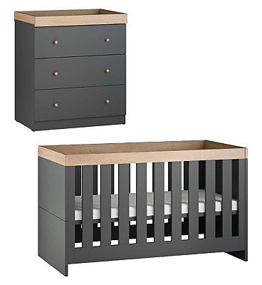 Little Acorns Burlington 2 Piece - Cot Bed & Dresser - Anthracite & Oak