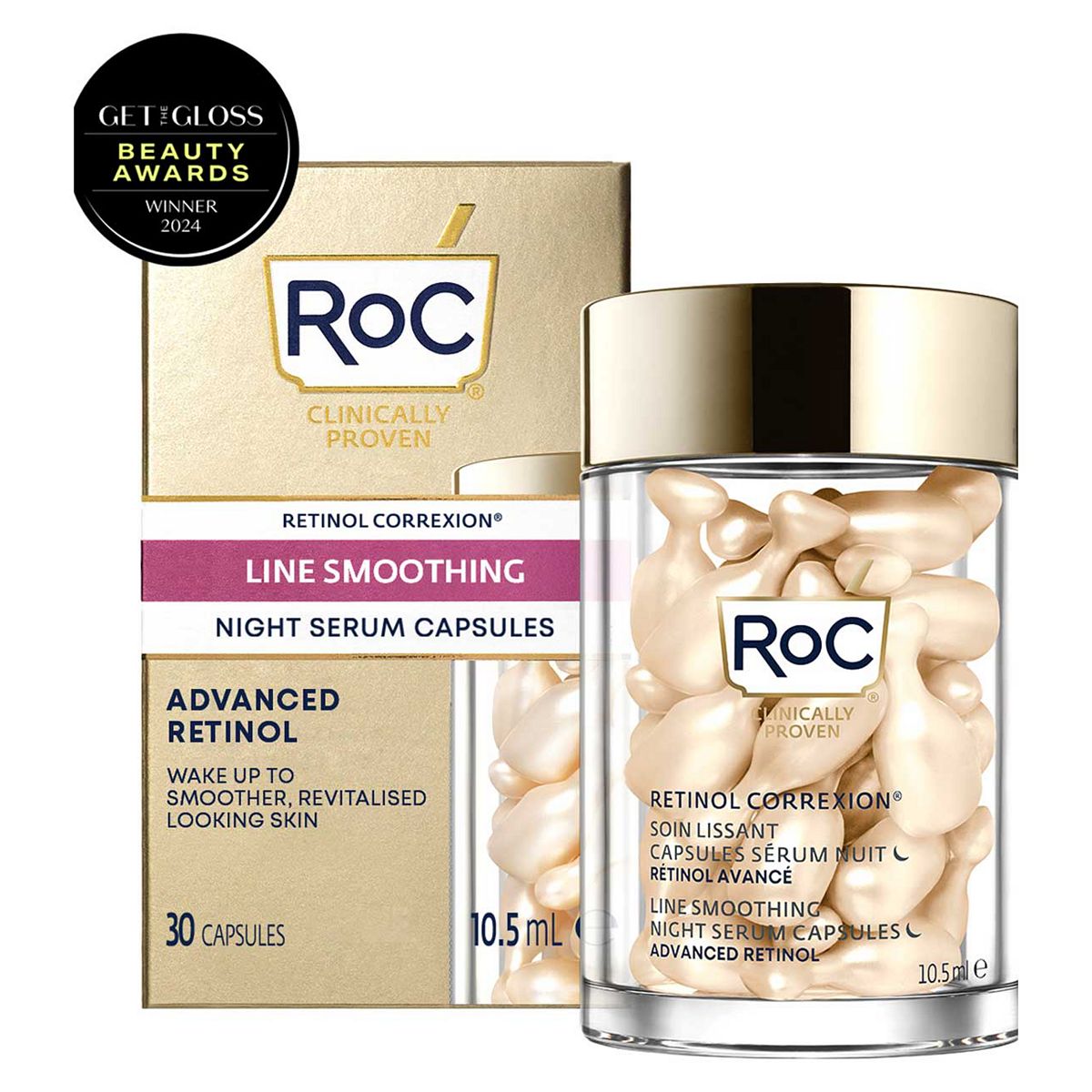 ROC Retinol Correxion Line Smoothing Night Serum Capsules For Visible Reduced Fine Lines & Wrinkles 30Ct
