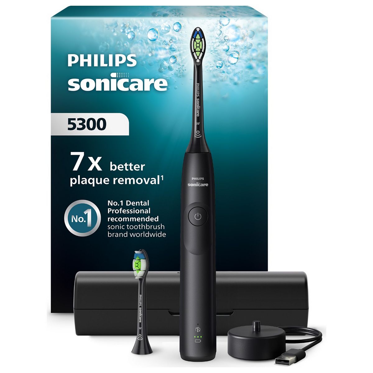 Philips Sonicare Series 5300 Rechargeable Electric Toothbrush, Black, 2 X Brush Heads, Slim Travel Case, Hx7101/03