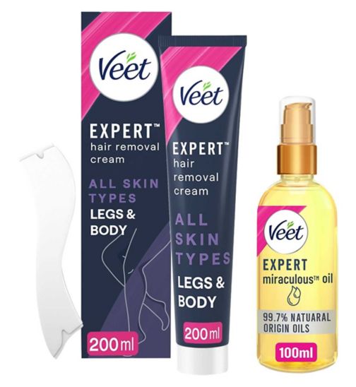 Veet 200ml Cream & Miraculous Oil Bundle;Veet Expert Hair removal Cream 200ml;Veet Expert Miraculous Oil All Skin Types - 100ml;Veet Expert cream body 200ml;Veet Miraculous Oil 100ml