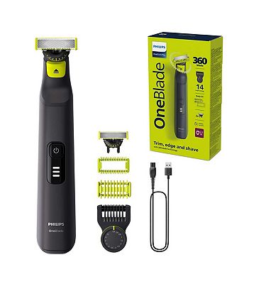 Philips OneBlade Pro 360 Beard Trimmer for Face & Body with 14in1 Adjustable Comb, Pouch & Extra 360