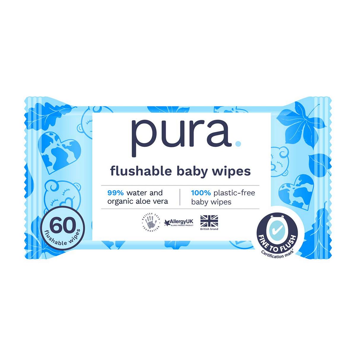 Pura Plastic Free Flushable Baby Wipes 60 Pack