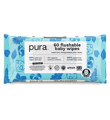 Pura Plastic Free Flushable Baby Wipes 60pk