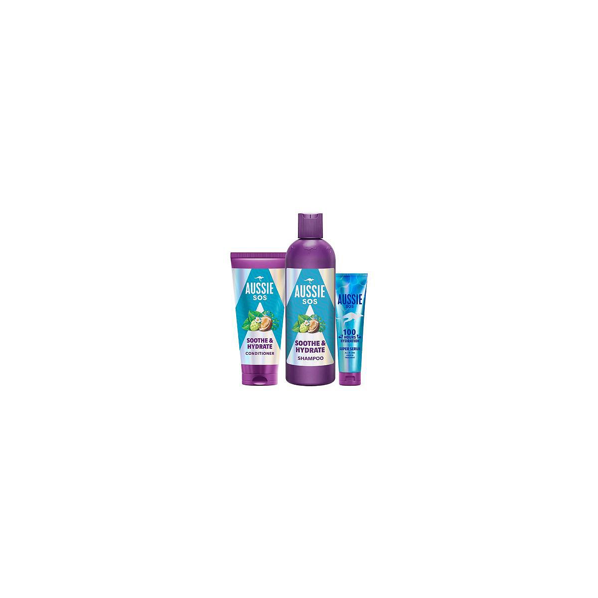 Aussie Sos Soothe & Hydrate Bundle - Shampoo, Conditioner, Super Serum Leave In Treatment