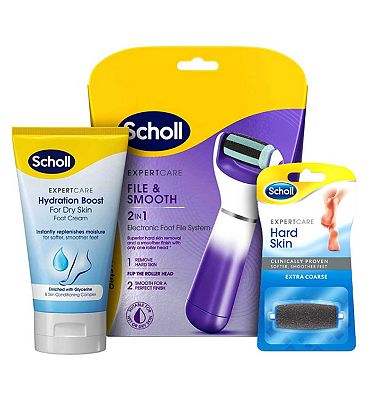 Scholl Pedi Electronic Footfile, Roller Head Refill and Foot Cream Bundle