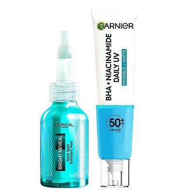 L'Oral Bright Reveal Niacinamide Exfoliate & Garnier BHA+Niacinamide Daily UV Fluid SPF50 40ml Duo