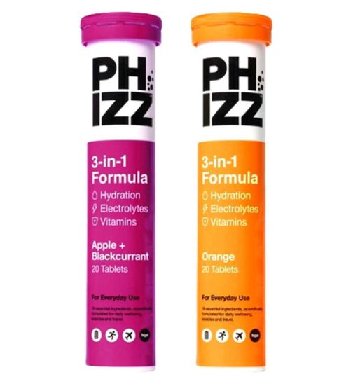 Phizz Apple & Blackcurrant 3-in-1 Hydration, Electrolytes and Vitamins Effervescent (20 Tablets);Phizz Orange 3-in-1 Hydration, Electrolytes and Vitamins Effervescent Tablets - 20 Tablets;Phizz Orange and Apple & Blackcurrant 40 Tab Bundle;ROI Phizz eff tabs apple blkcurrant 20s;ROI Phizz hydration and multivit eff 20s