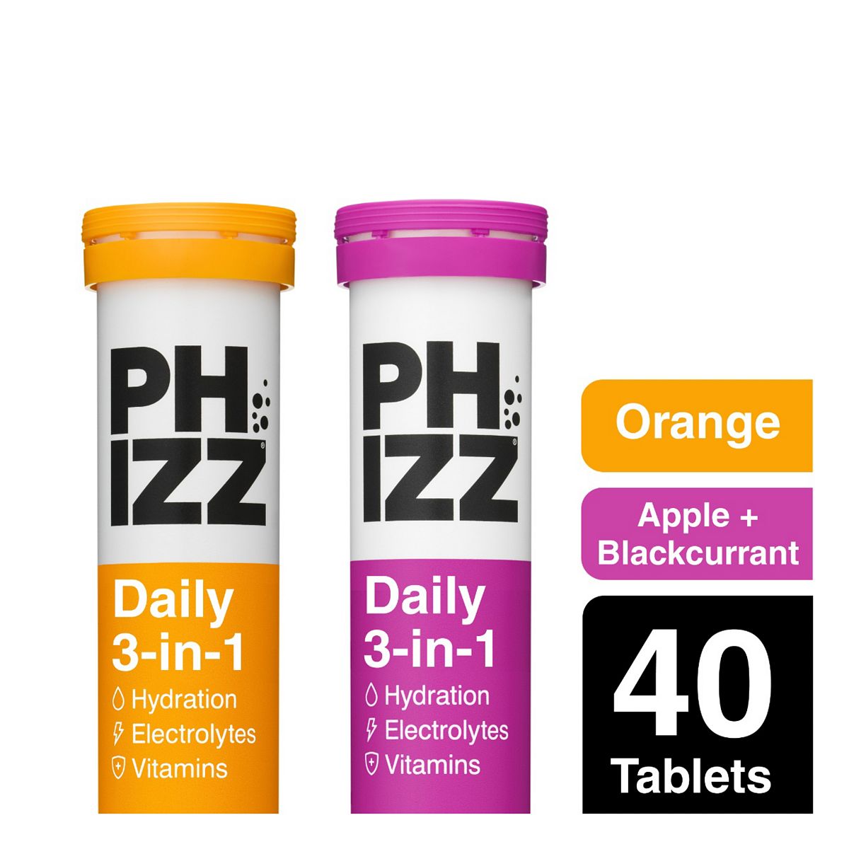 Phizz Orange & Apple + Blackcurrant 3-In-1 Hydration, Electrolytes And Vitamins Effervescent Bundle (40 Tablets)