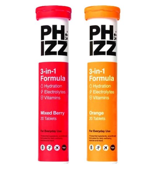 Phizz Mixed Berry 3-in-1 Hydration, Electrolytes and Vitamins Effervescent (20 Tablets);Phizz Orange & Mixed Berry 40 Tab Bundle;Phizz Orange 3-in-1 Hydration, Electrolytes and Vitamins Effervescent Tablets - 20 Tablets;ROI Phizz Eff tabs mixed berry 20s;ROI Phizz hydration and multivit eff 20s