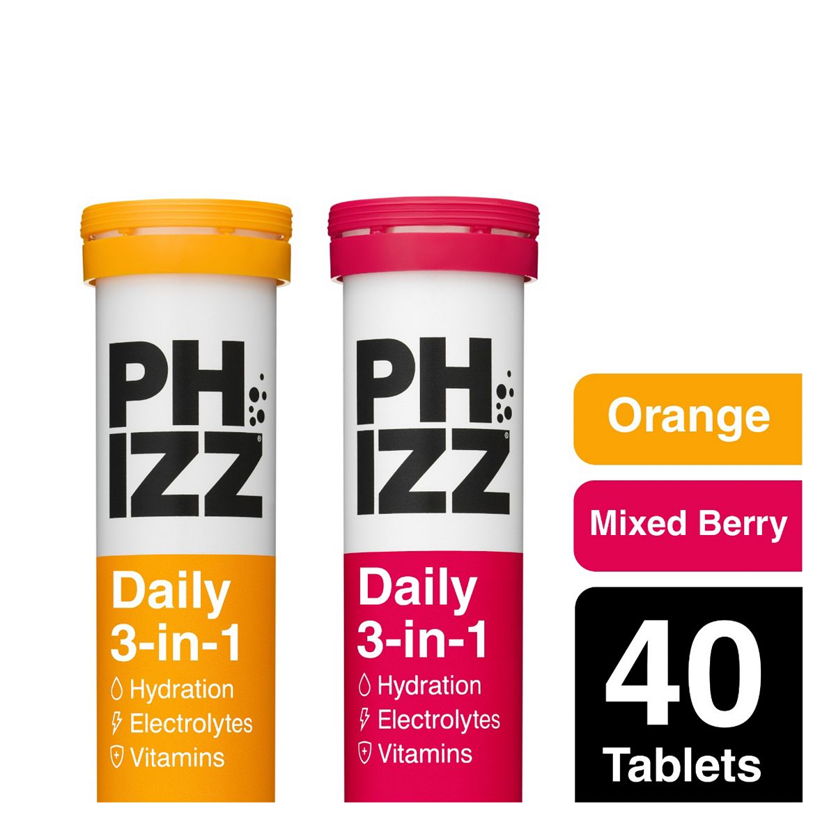 Phizz Orange & Mixed Berry 3-In-1 Hydration, Electrolytes And Vitamins Effervescent Bundle (40 Tablets)
